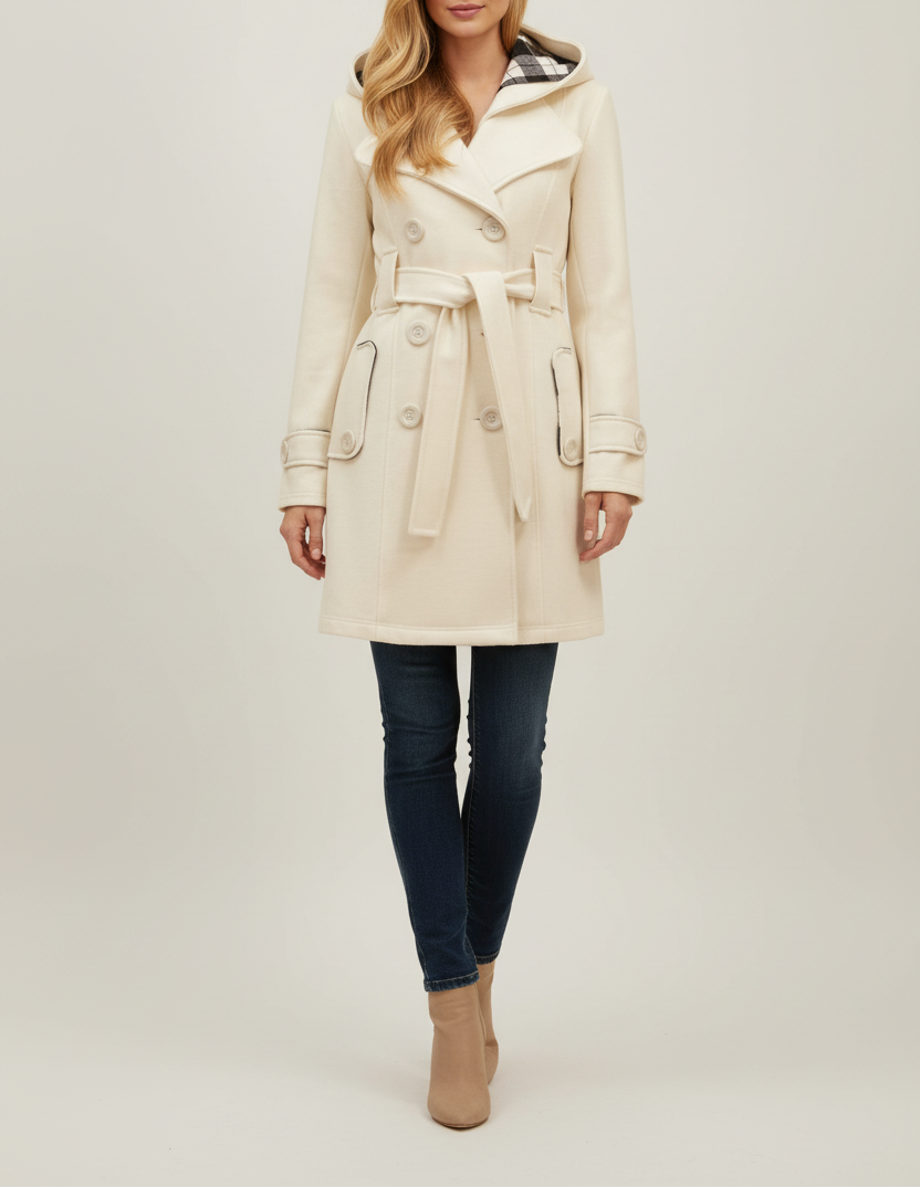 Womens Hooded Coat with Belted Waist and Button Front