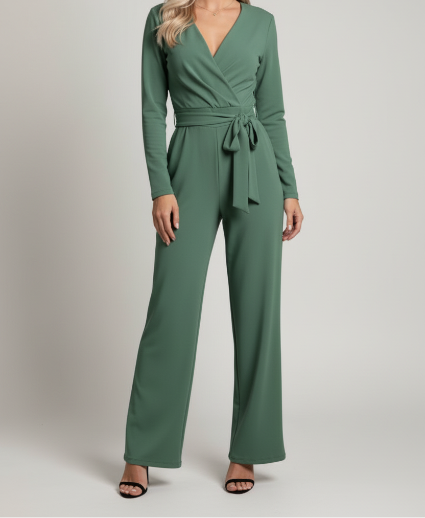 V Neck Wrap Jumpsuit with Tie Waist and Wide Leg Fit