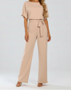 Round Neck Jumpsuit with Tie Waist and Wide Legs
