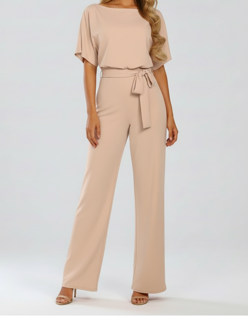 Round Neck Jumpsuit with Tie Waist and Wide Legs