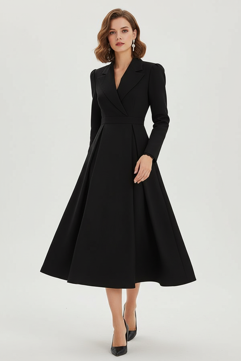 Long Sleeve Midi Dress with Lapel and Pockets