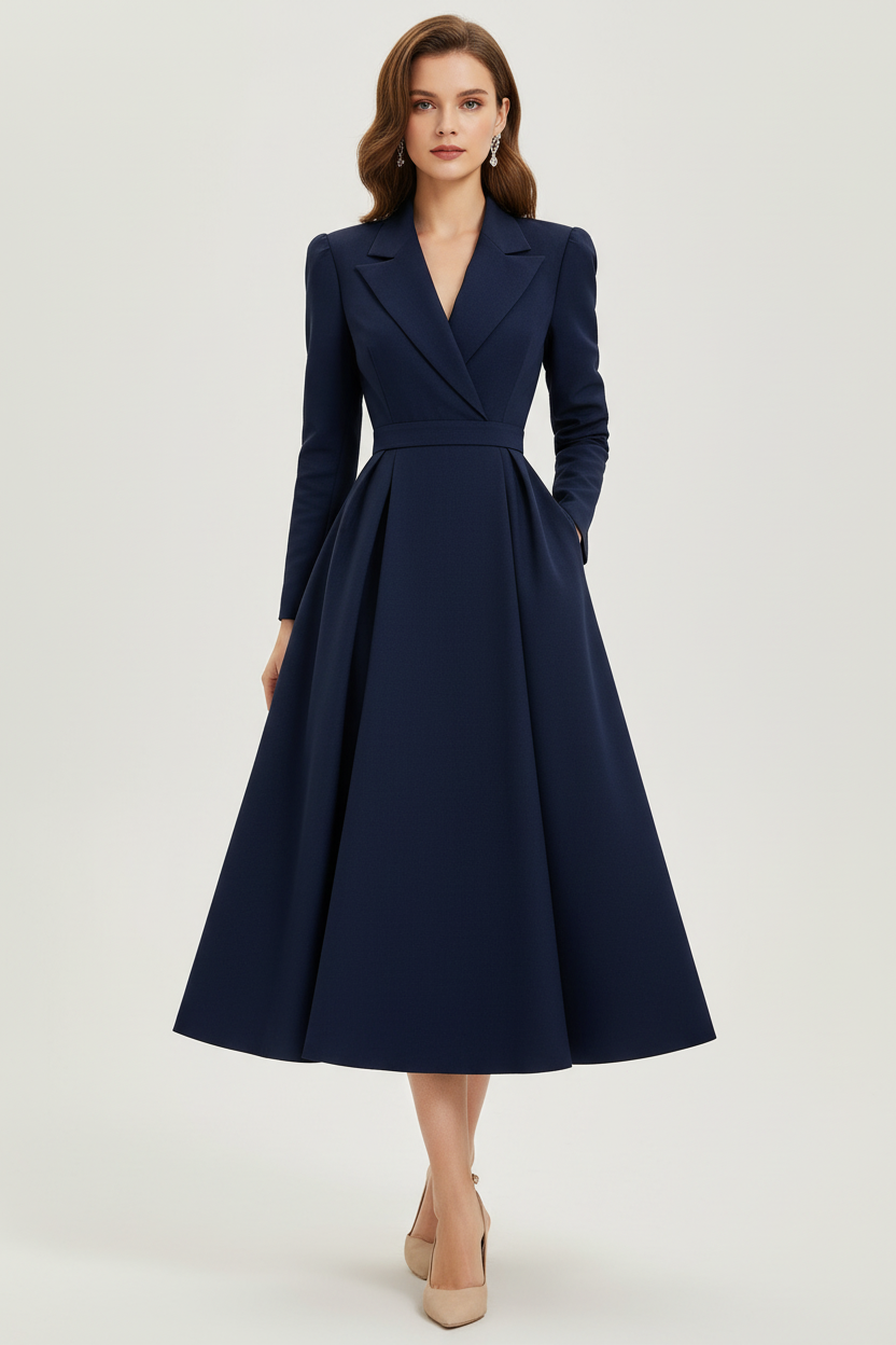 Long Sleeve Midi Dress with Lapel and Pockets