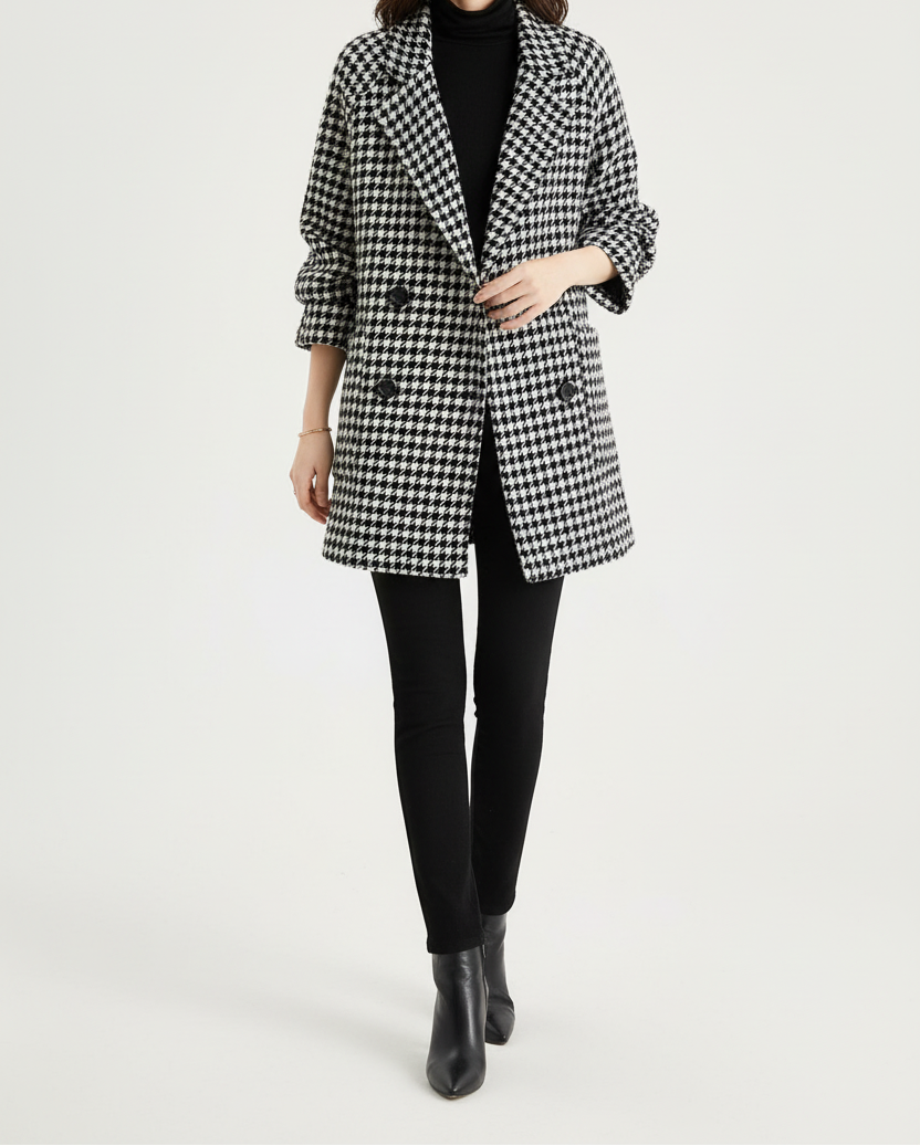 Double Breasted Checkered Coat with Notched Lapels