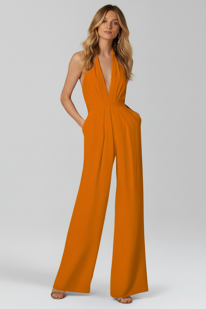 Women’s Halter Neck Jumpsuit with Shaped Waist and Wide Legs