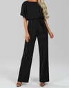 Women’s Short Sleeve Jumpsuit with Waist Tie and Wide Legs
