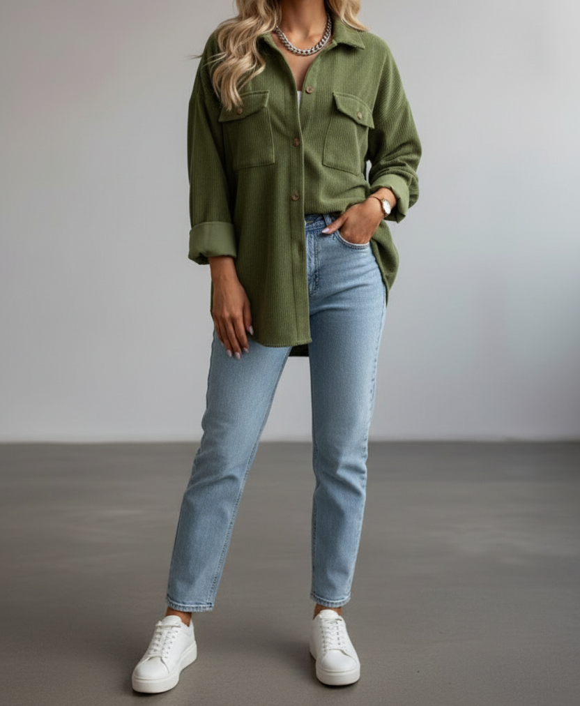 Women’s Corduroy Overshirt with Button Placket and Chest Pockets