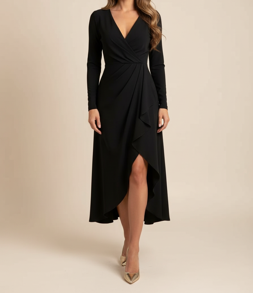 Women’s Asymmetric Midi Dress with V Neck and Empire Waist