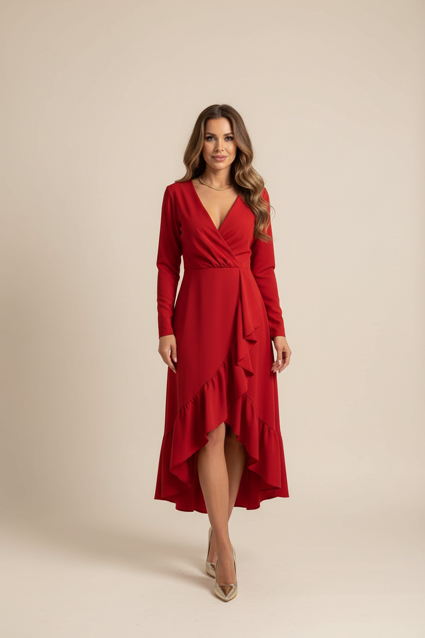 Women’s Asymmetric Midi Dress with V Neck and Empire Waist