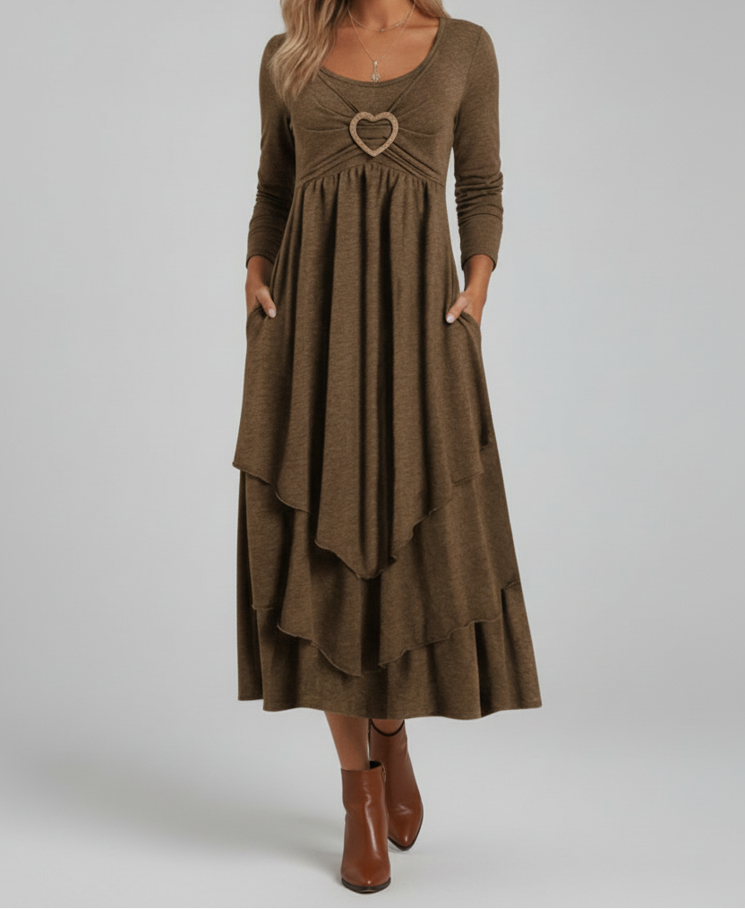 Tiered Midi Dress with Long Sleeves and Heart Detail