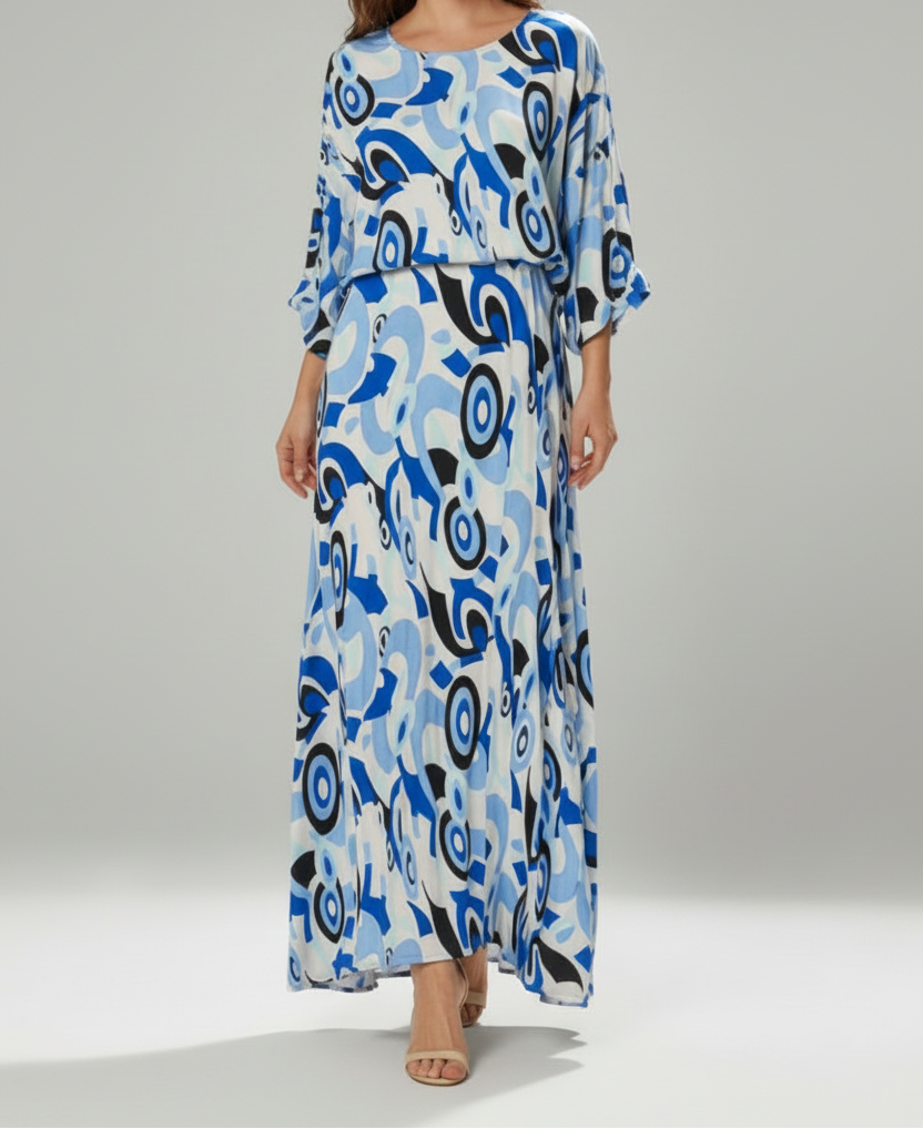 Printed Maxi Dress with V Neck and Tie Waist Detail
