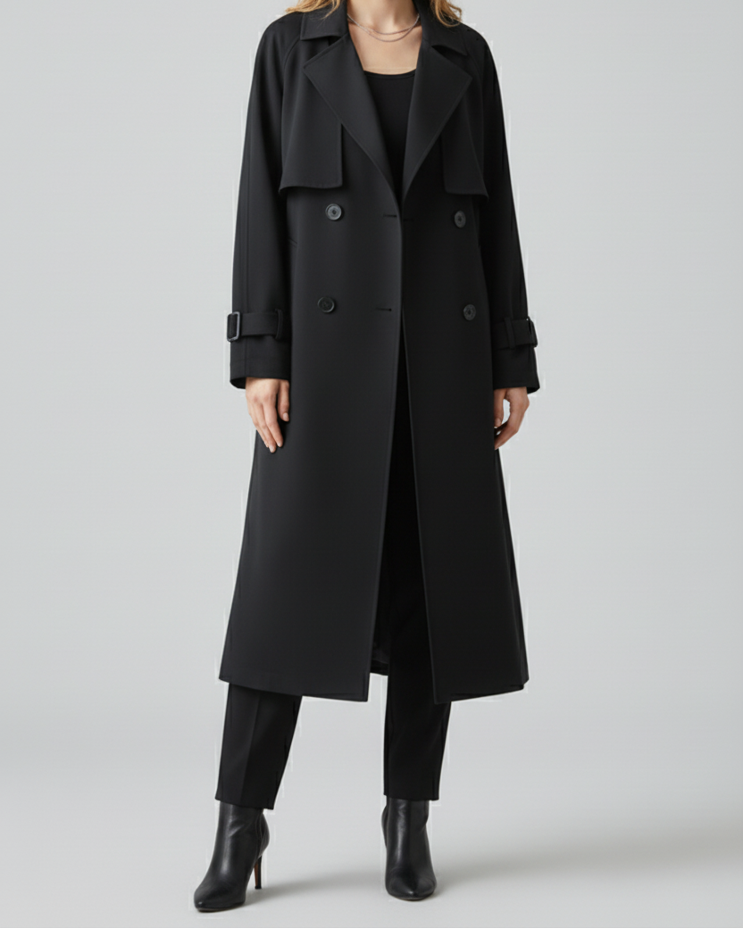 Women’s Trench Coat with Notched Lapel and Double-Button Closure