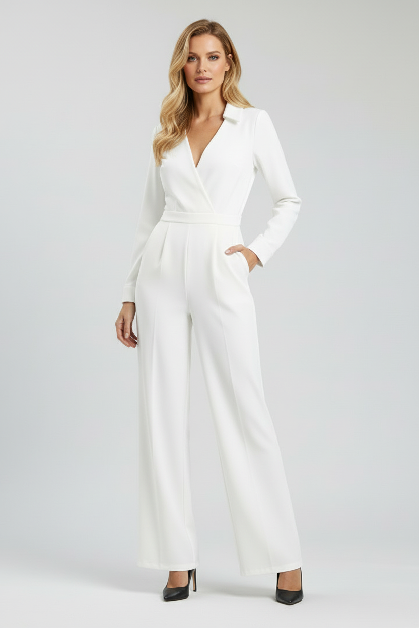 V Neck Wrap Jumpsuit with Tie Waist and Wide Leg Fit