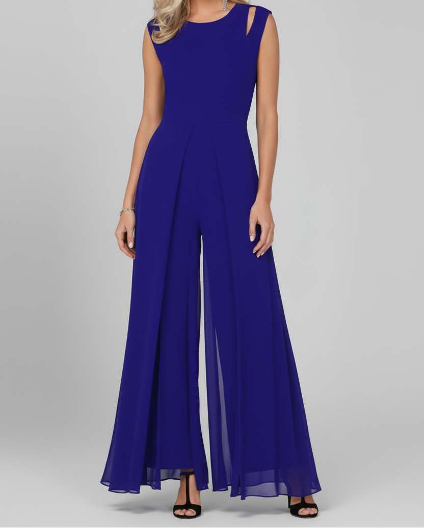 Sleeveless Wide Leg Jumpsuit with Round Neckline and Shaped Waist