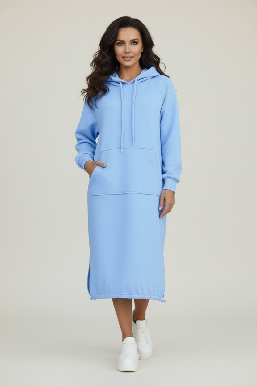 Hooded Knee Length Dress with Drawstring Hem and Front Pocket