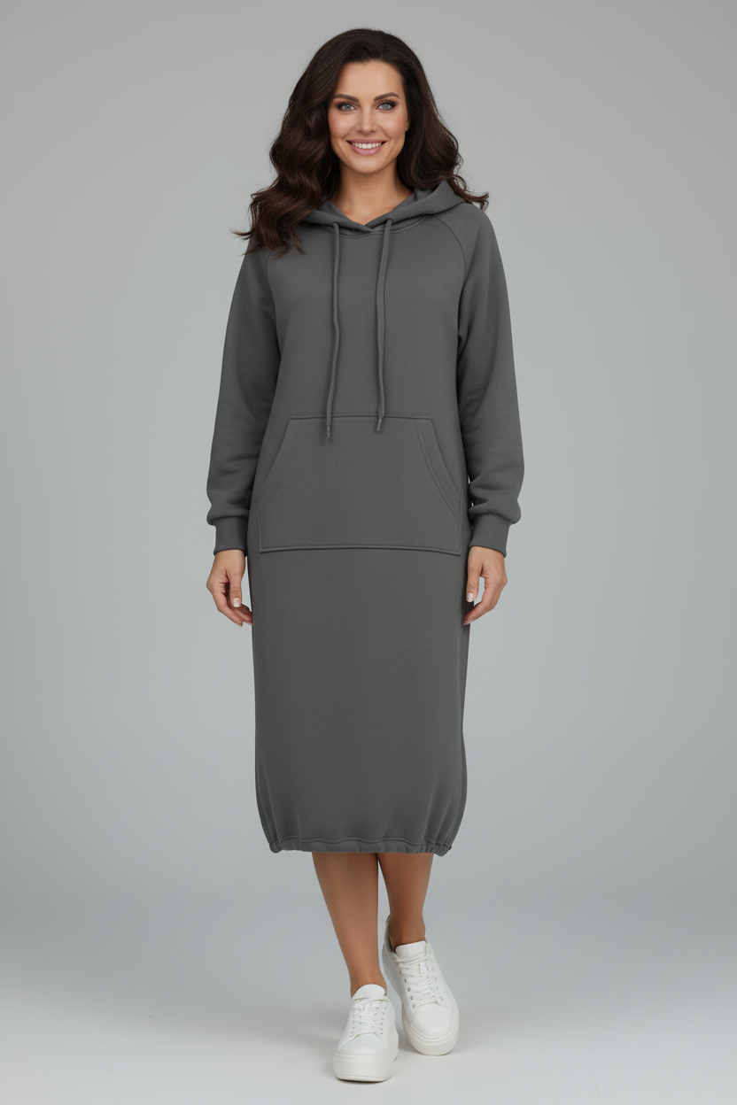 Hooded Knee Length Dress with Drawstring Hem and Front Pocket