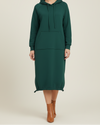 Hooded Knee Length Dress with Drawstring Hem and Front Pocket
