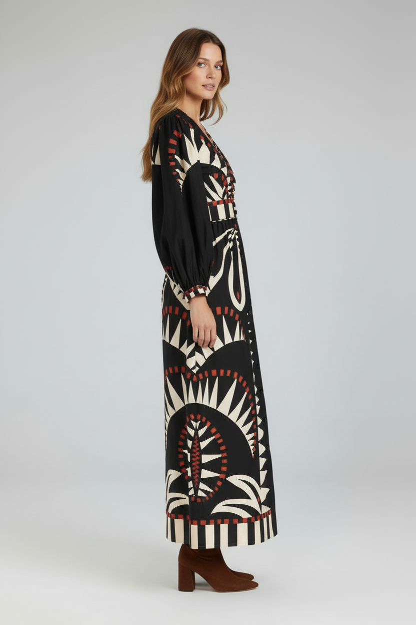 Women’s Printed Maxi Dress with V-Neck and Long Sleeves