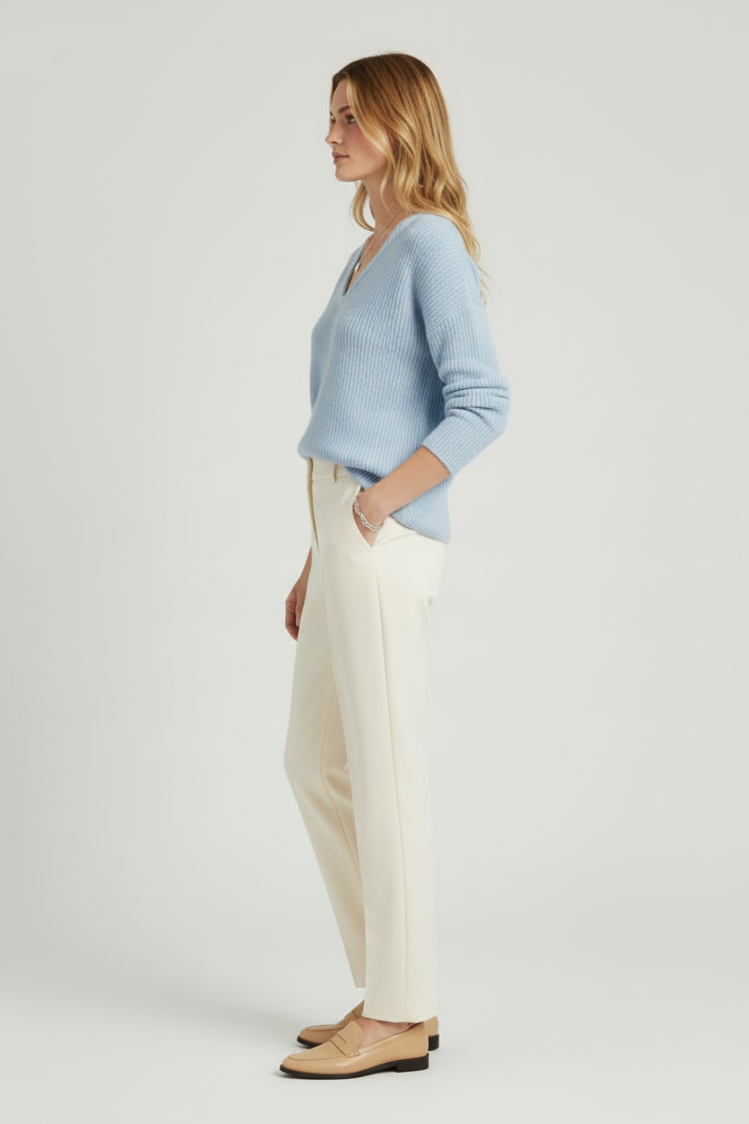 Ribbed V Neck Womens Pullover with Straight Hem