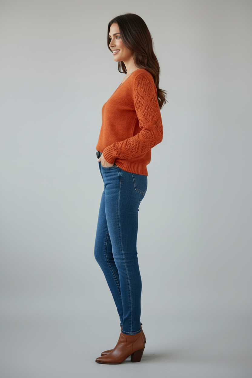 V Udsnit Strik Jumper med Lange Ærmer og Tekstureret Finish