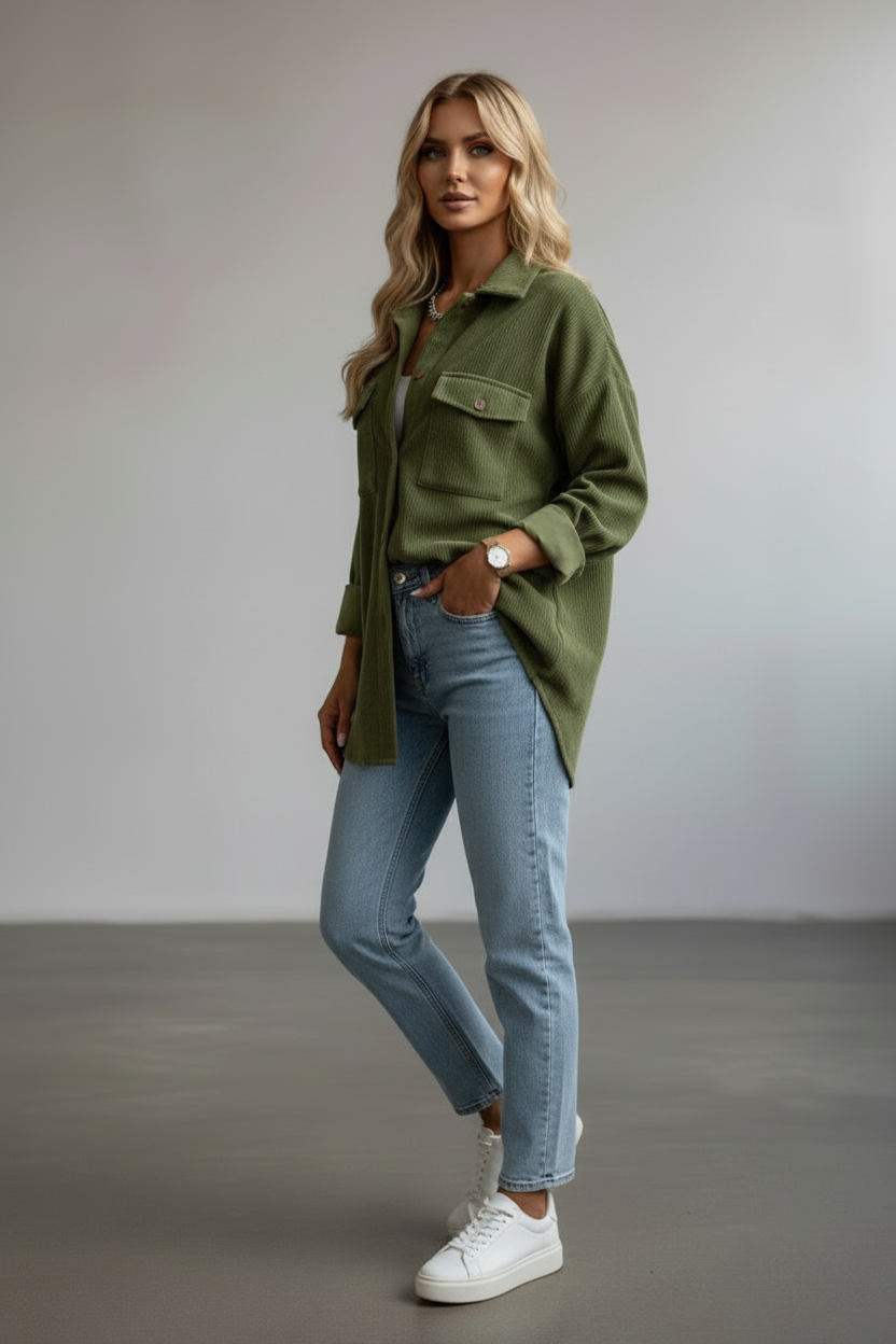 Women’s Corduroy Overshirt with Button Placket and Chest Pockets