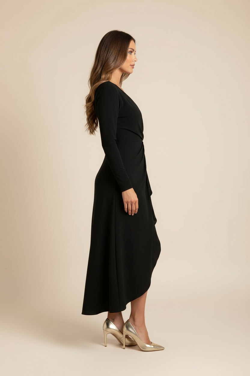 Women’s Asymmetric Midi Dress with V Neck and Empire Waist