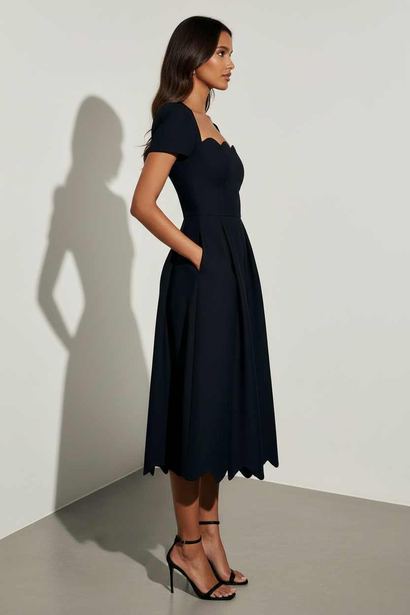 Scalloped Neckline Midi Dress with Refined Silhouette