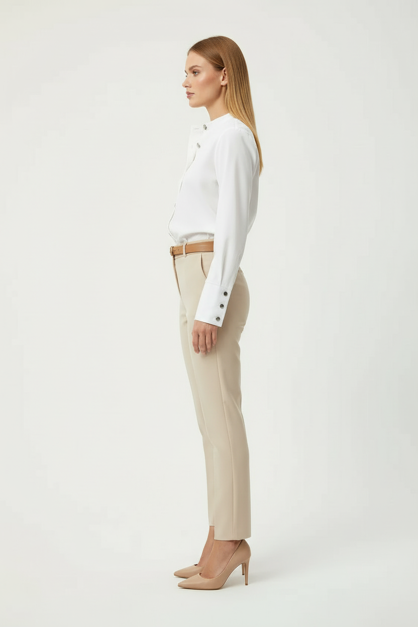 Button Front Shirt with Stand Collar and Clean Silhouette
