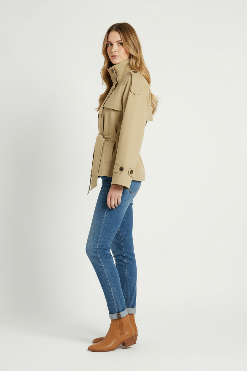 Short Trench Jacket with High Neck and Belted Waist
