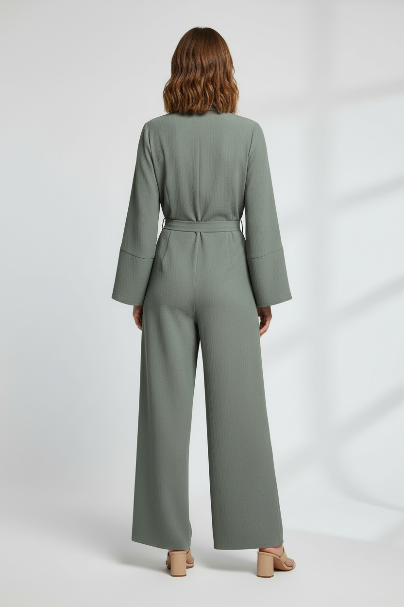 Wide Leg Jumpsuit with V Neckline and Integrated Waist Belt