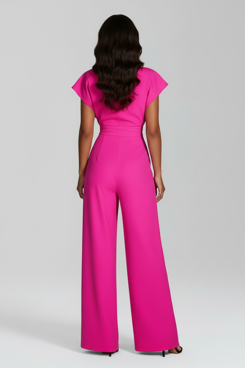 Wide Leg Jumpsuit with V Neckline and Short Sleeves