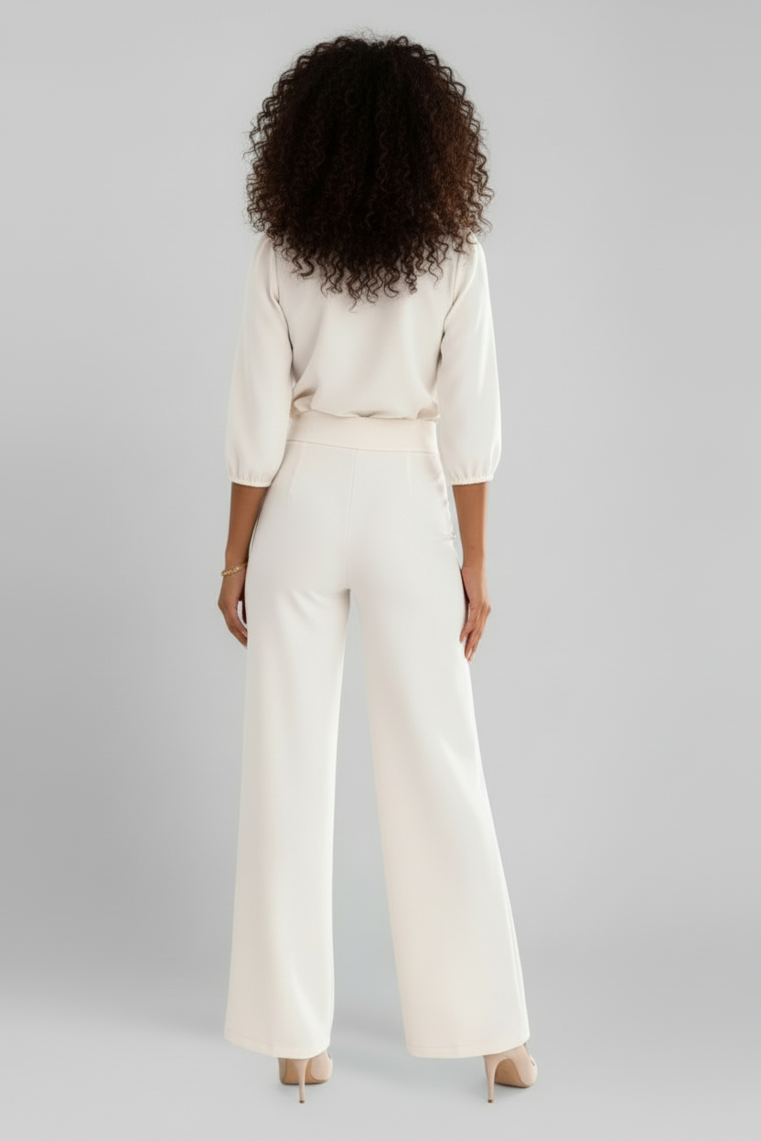 Long Sleeve Wide Leg Jumpsuit with V Neckline and Button Detail