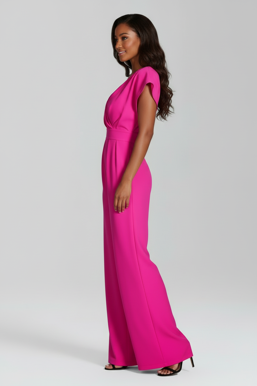 Wide Leg Jumpsuit with V Neckline and Short Sleeves