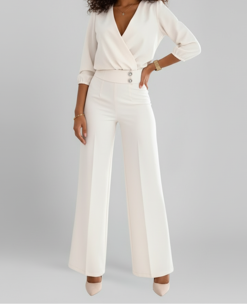 Long Sleeve Wide Leg Jumpsuit with V Neckline and Button Detail