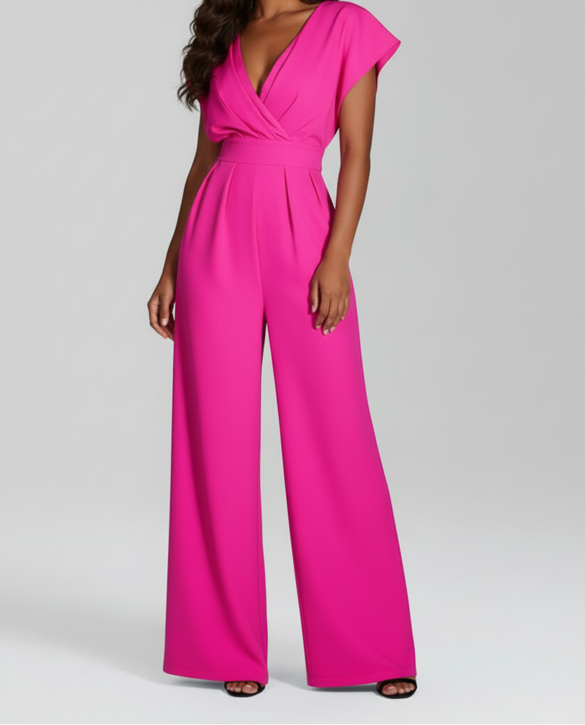 Wide Leg Jumpsuit with V Neckline and Short Sleeves