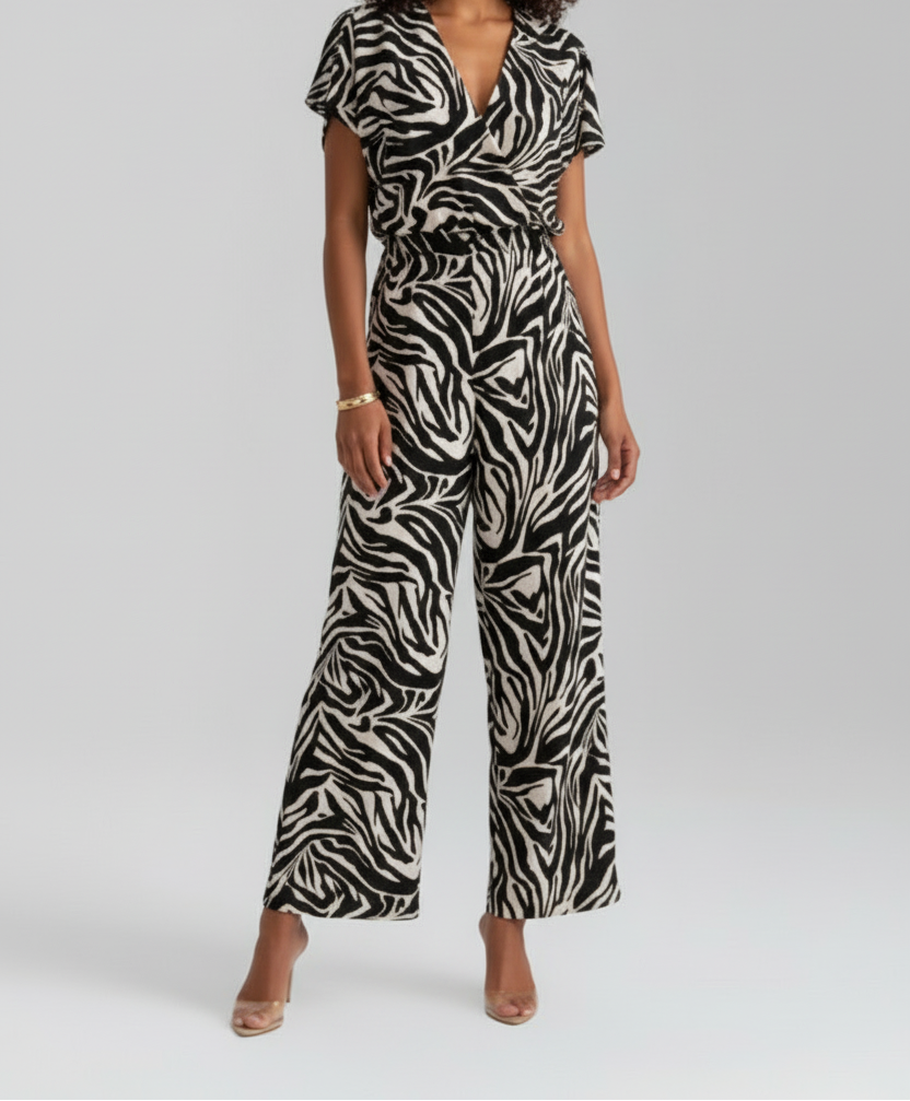 Printed Wide Leg Jumpsuit with V Neckline and Short Sleeves