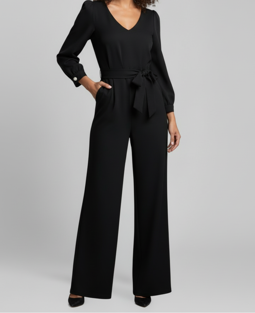 Wide Leg Jumpsuit with V Neckline and Long Sleeves