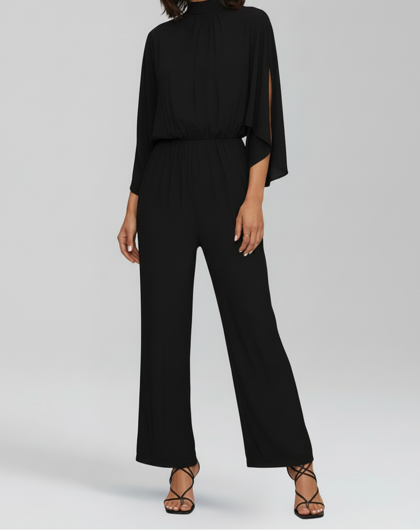 Wide Leg Jumpsuit with Stand Collar and Three Quarter Sleeves