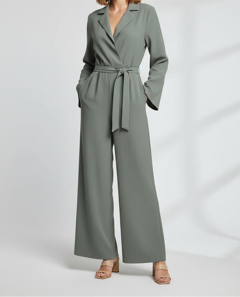 Wide Leg Jumpsuit with V Neckline and Integrated Waist Belt