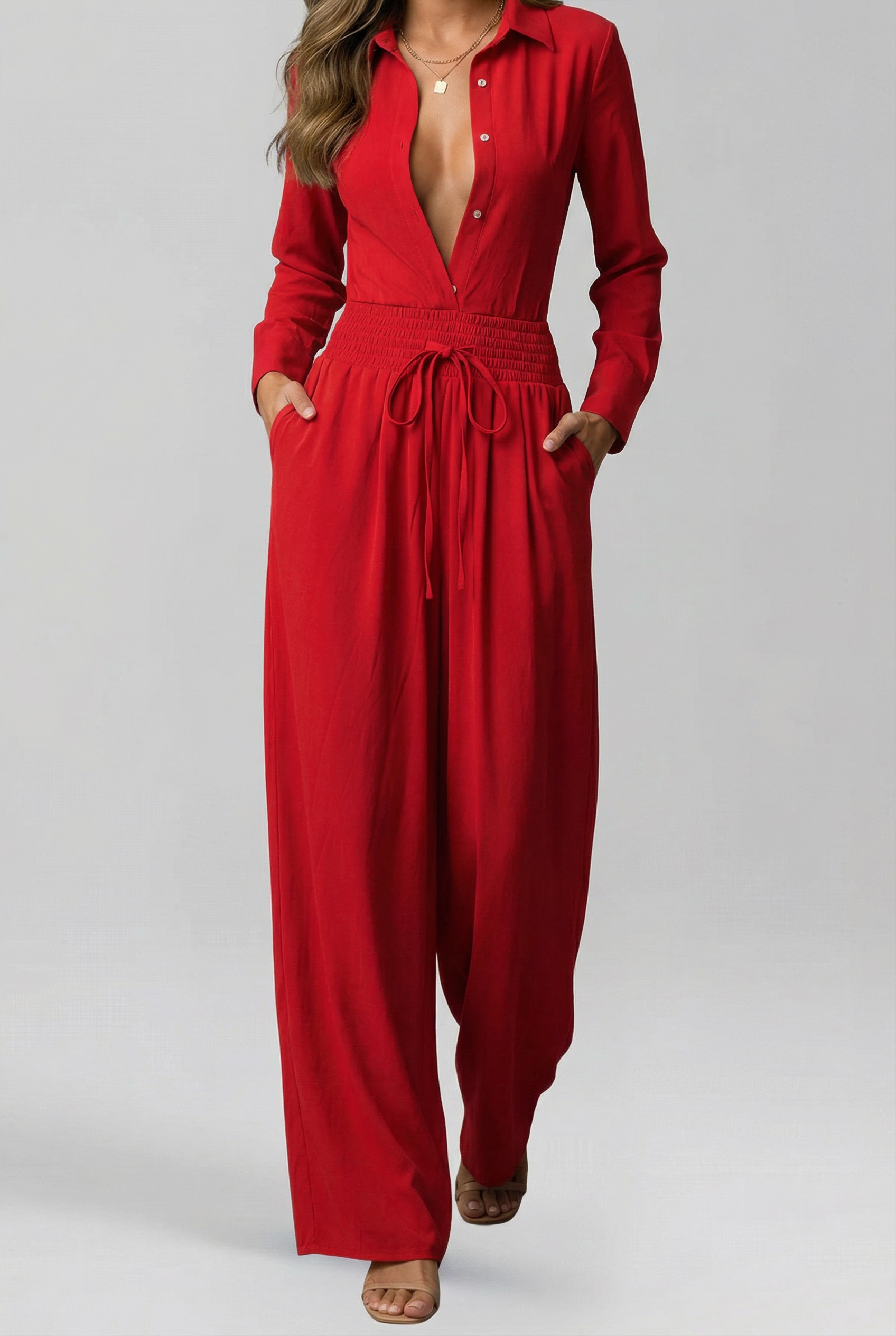 Collared Button Front Jumpsuit Two Piece Set with Wide Leg Silhouette