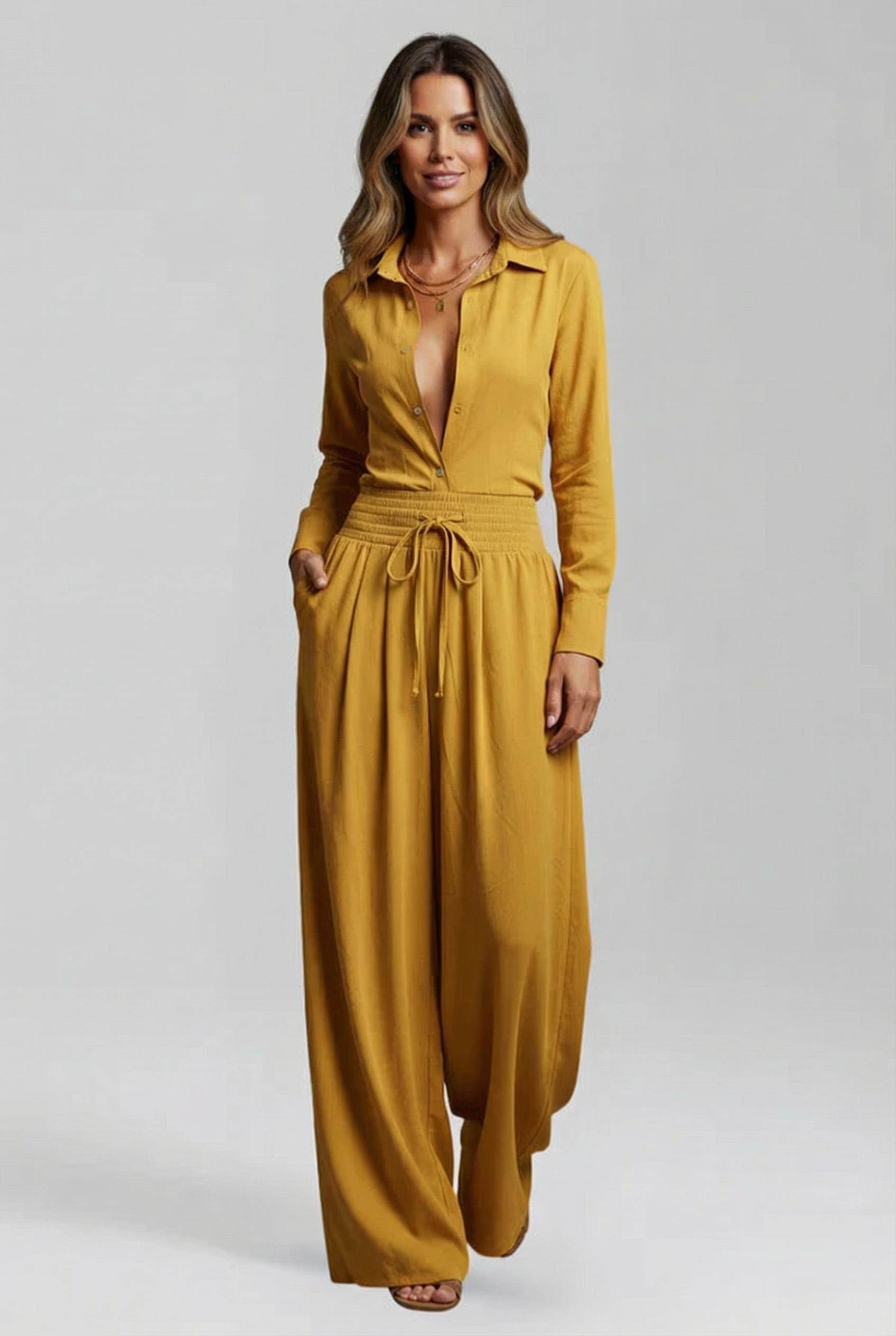 Collared Button Front Jumpsuit Two Piece Set with Wide Leg Silhouette