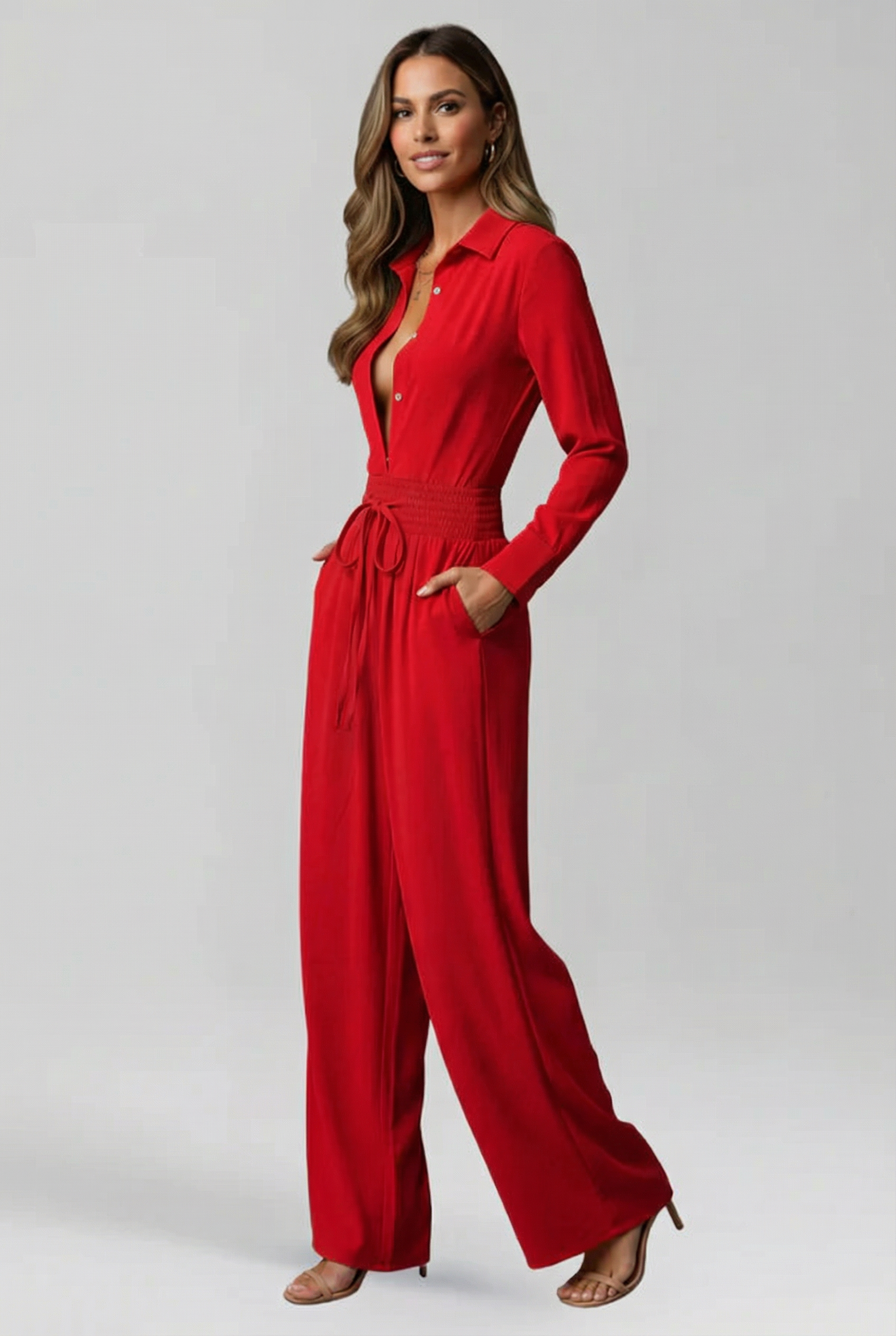 Collared Button Front Jumpsuit Two Piece Set with Wide Leg Silhouette