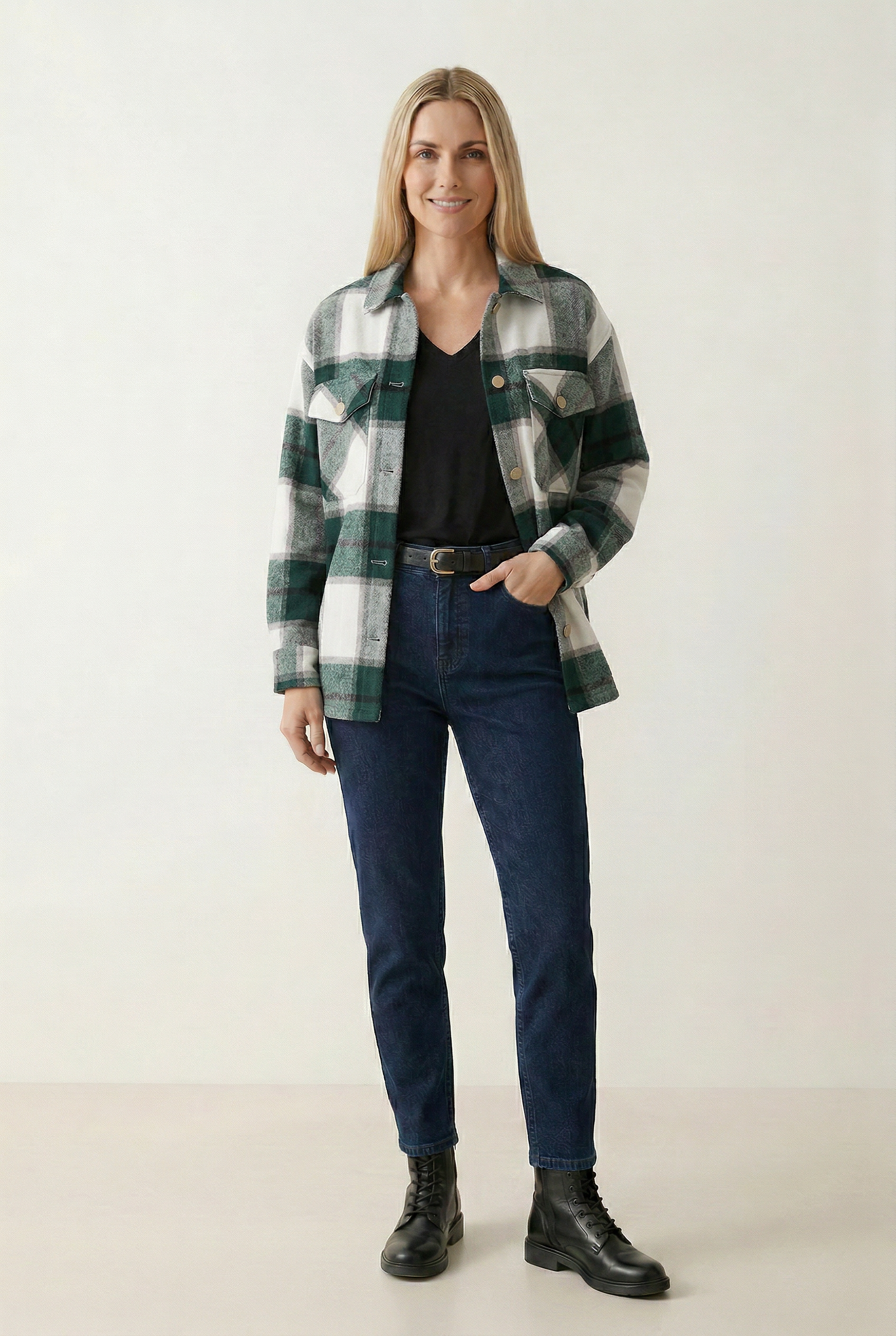 Checkered Shirt Jacket with Button Front and Collared Design