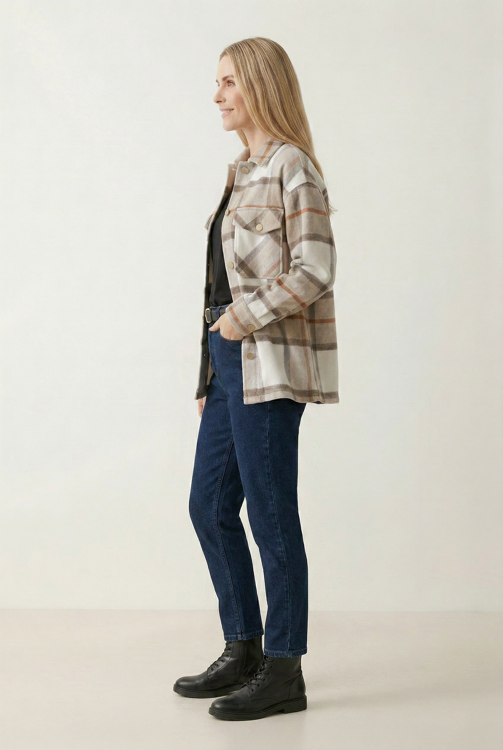 Checkered Shirt Jacket with Button Front and Collared Design