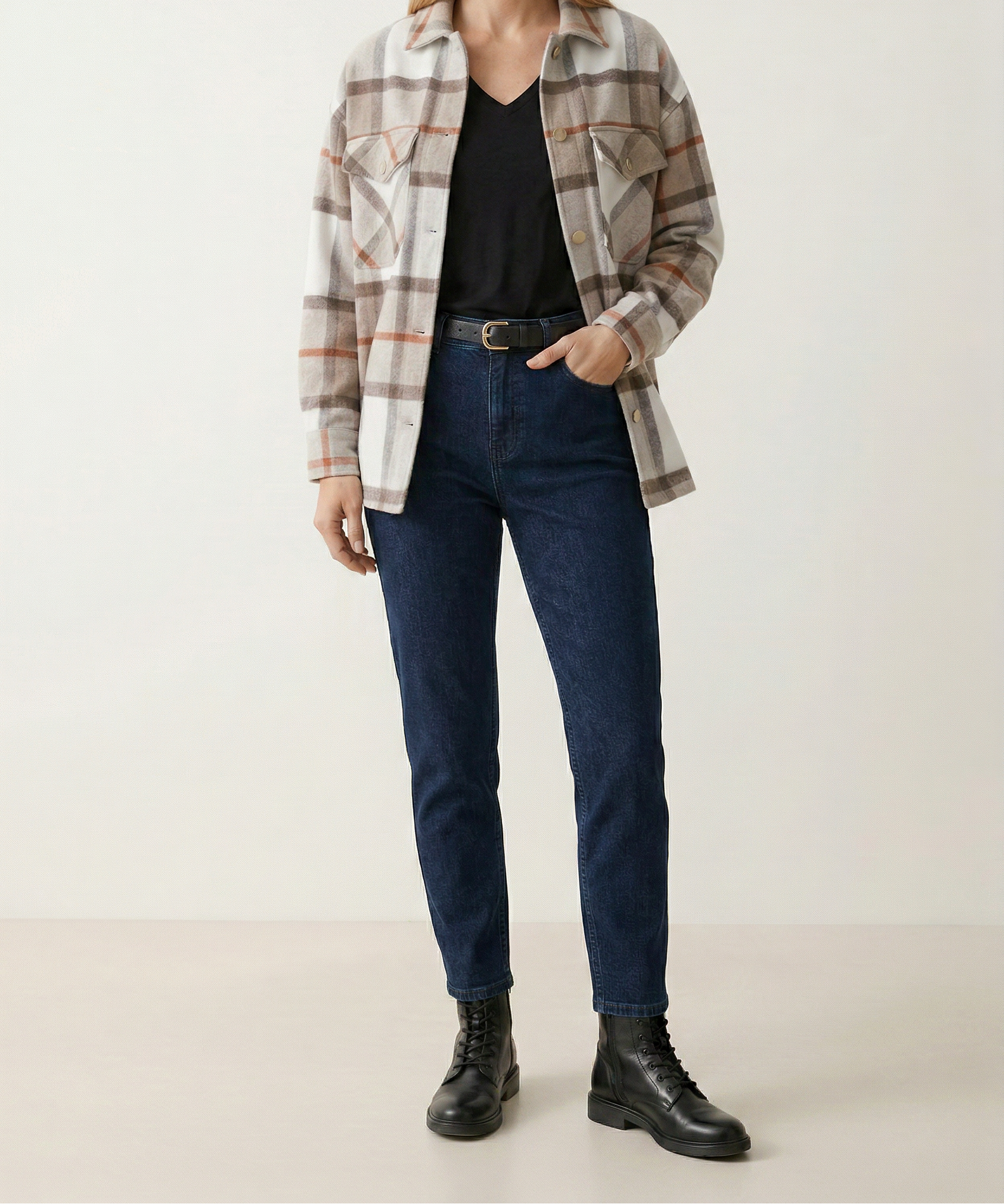 Checkered Shirt Jacket with Button Front and Collared Design