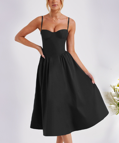 Women’s Summer Corset Midi Dress with Spaghetti Straps and Pockets