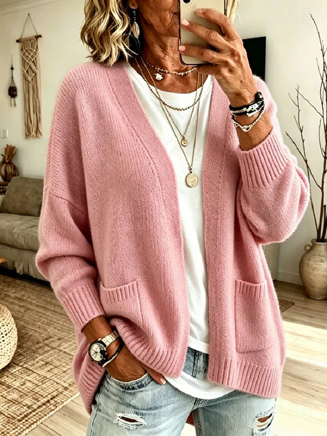 Women’s Long Ribbed V Neck Cardigan with Pockets