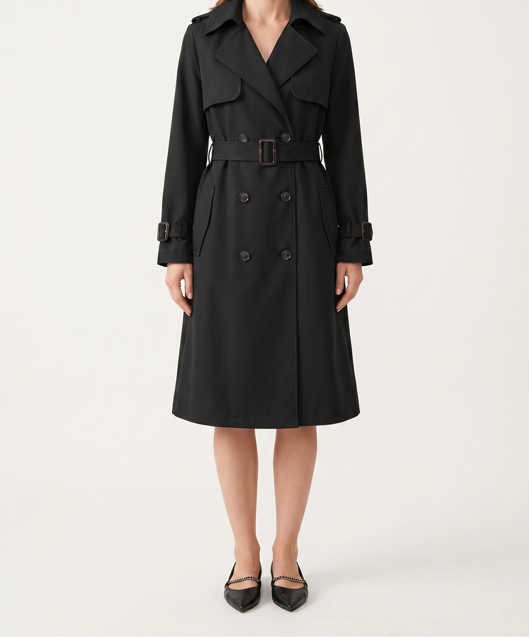 Women’s Trench Coat with Notched Lapel and Double-Button Closure