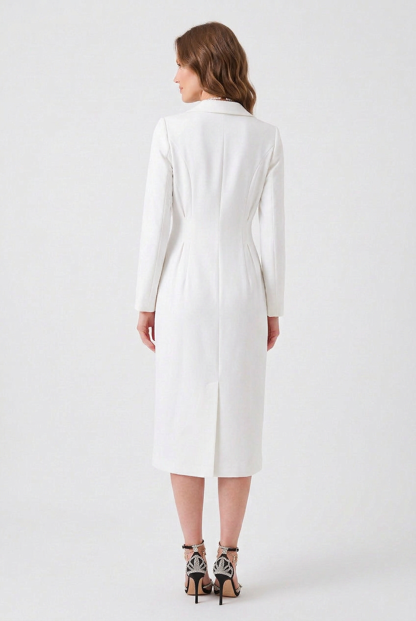 blazer dress knee length White Warm Cotton Flannel Fit and Flare Knee Length Blazer Dress 44" / Custom Height (Free)