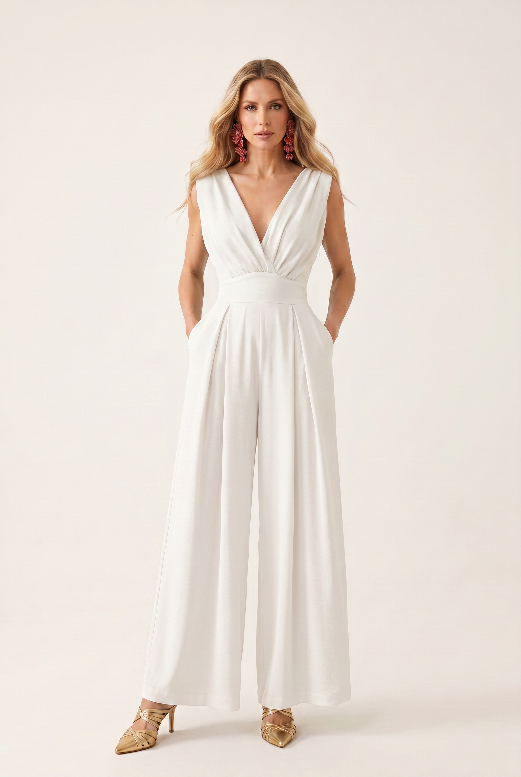 Wide Leg Jumpsuit with V Neckline and Side Pockets