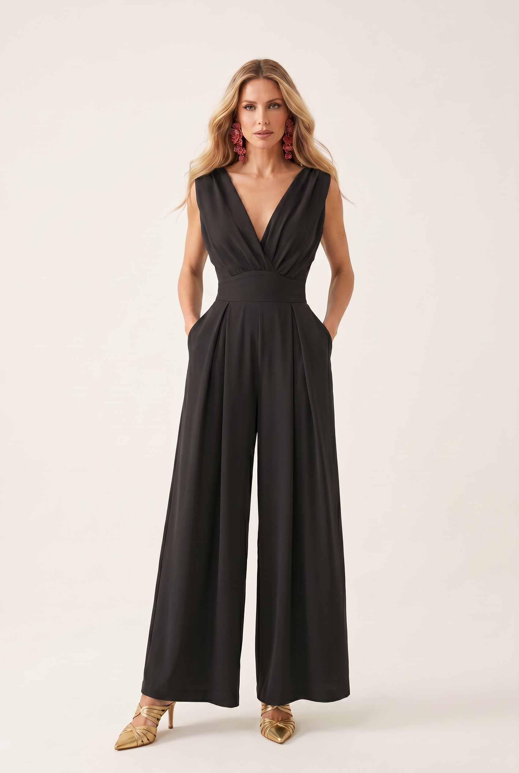 Wide Leg Jumpsuit with V Neckline and Side Pockets